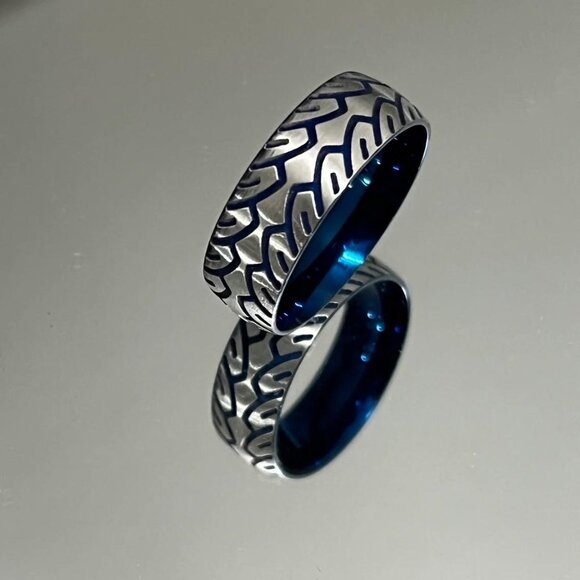Blue Tire Ring, Stainless Steel Men's Band Solid Light Weight Feel - Picture 3 of 8